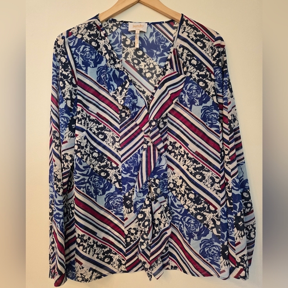 Laundry By Shelli Segal Blue and Red Floral Striped Blouse - Picture 1 of 5